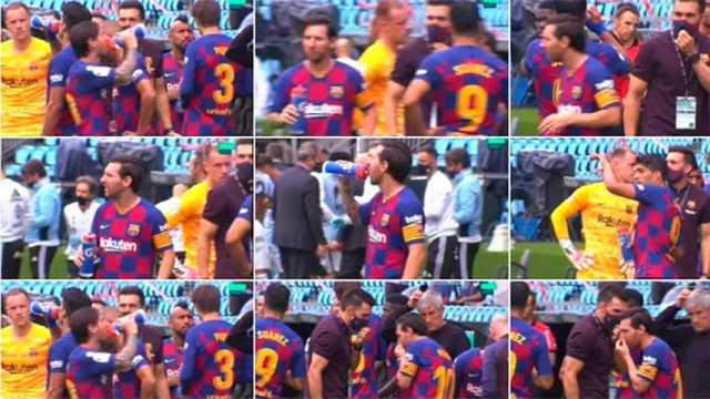 La secuencia de cómo Messi ignoró a Eder Sarabia en una pausa de hidratación. (Foto: @ElPartidazodeMovistar)