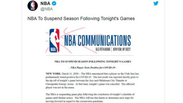 El comunicado de la NBA que de momento supone la suspensión de todos los partidos. (Imagen: @NBA/Twitter)